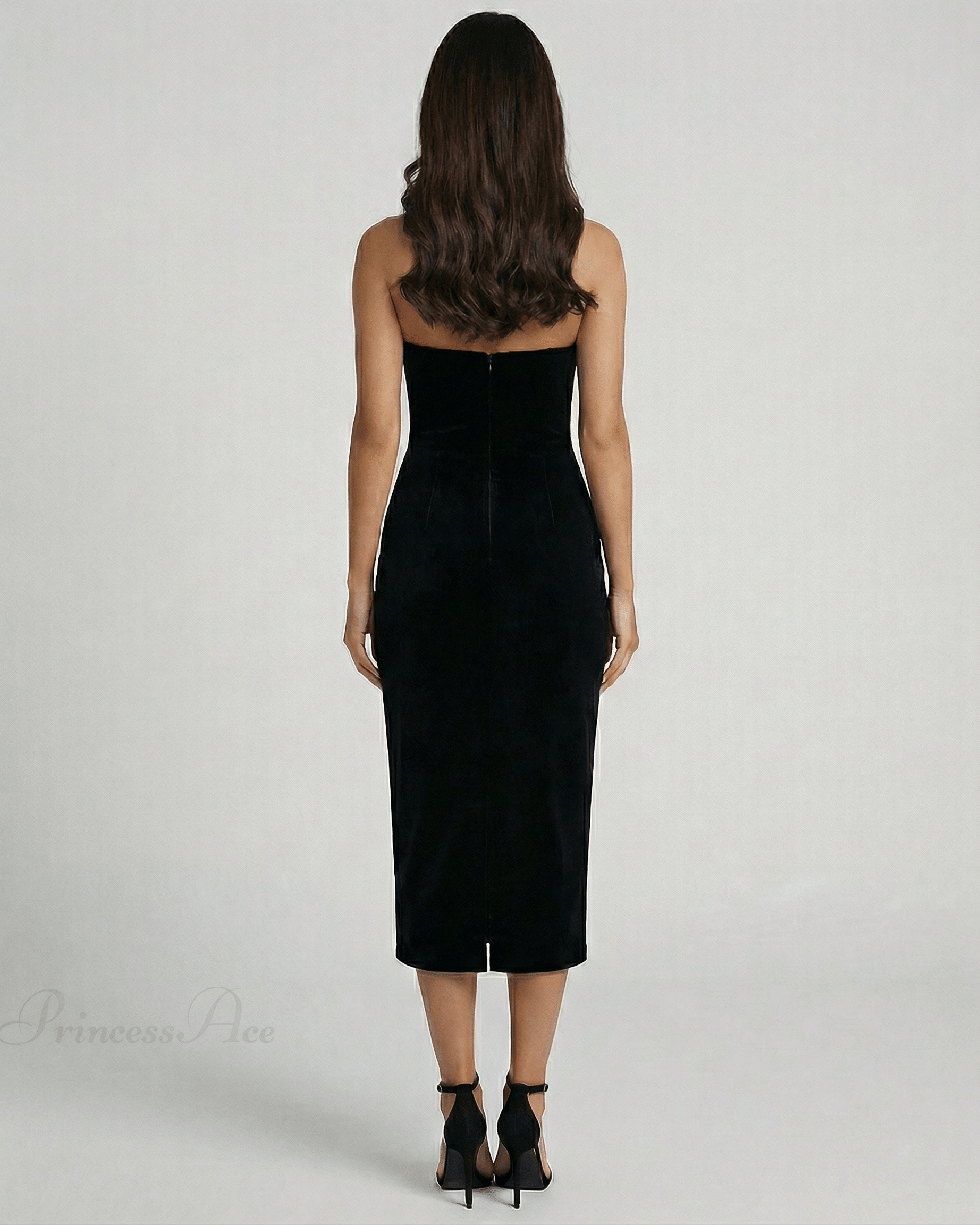 Celeste Midi Dress by Lauven, showcasing a sleek strapless design in a black sheath style from the back view.