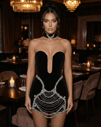 Celeste Mini Dress by SLIMONA featuring a velvet bodycon design with rhinestone chain detail.