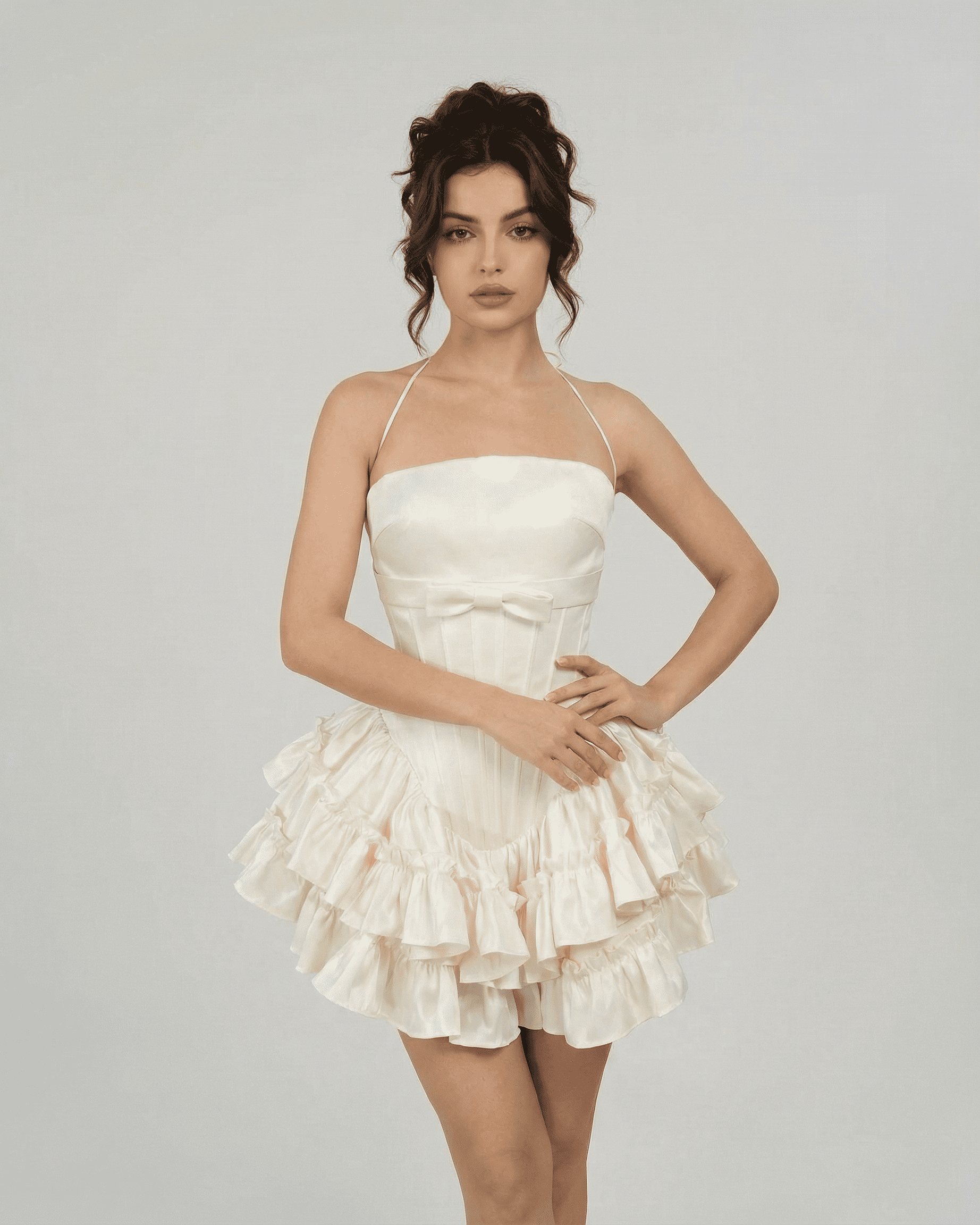 Celeste Mini Dress by SLIMONA - Corset-inspired tiered mini dress in soft white, showcasing a flattering silhouette.