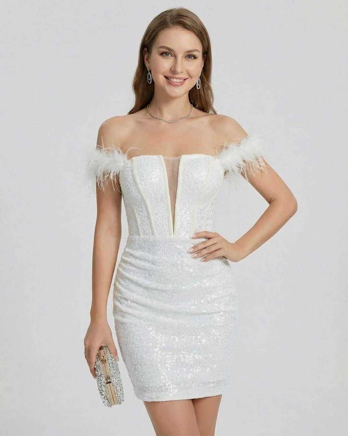 Celeste Mini Dress by Lauven featuring off-shoulder design and feathered details in shimmering white sequins.