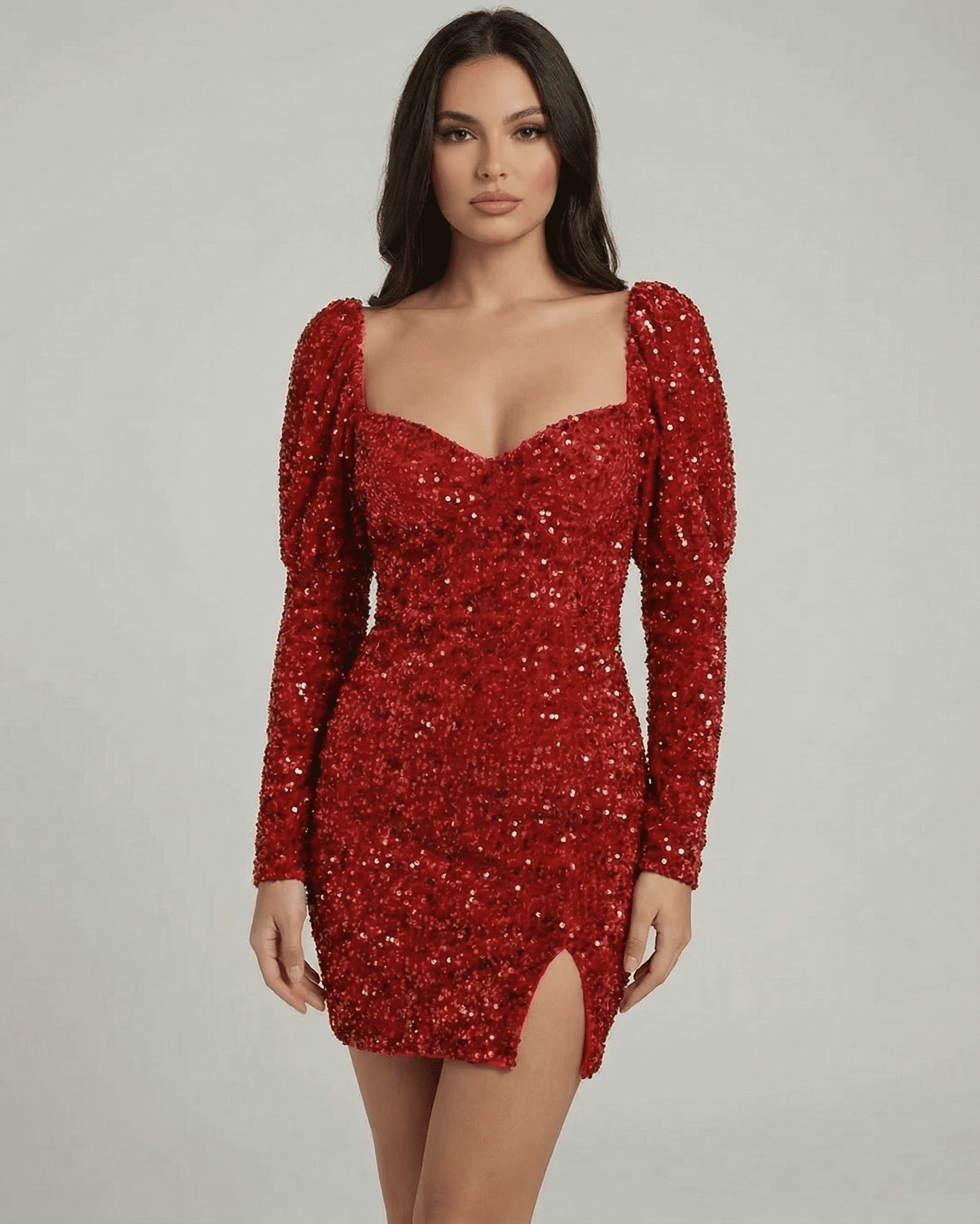 Celeste Mini Dress by SLIMONA in red sequins with long sleeves and a thigh-high slit, perfect for elegant occasions.