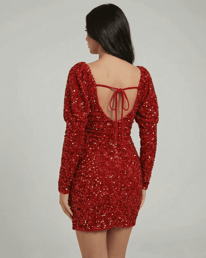 Celeste Mini Dress by SLIMONA - Red sequin sheath with back tie detail and long sleeves.
