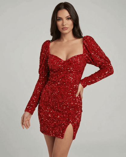 Celeste Mini Dress by SLIMONA in red sequins, featuring long sleeves and a chic V-neckline, perfect for elegant events.
