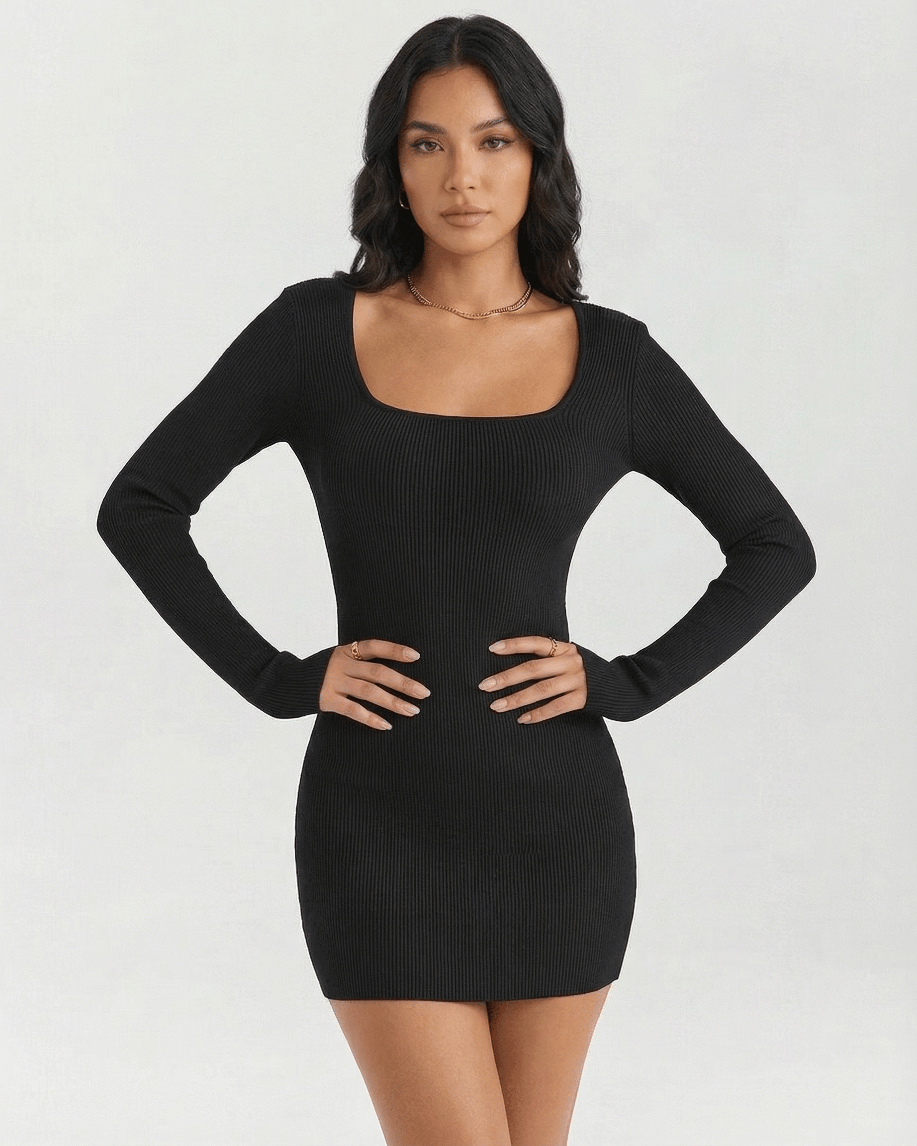 Celeste Mini Dress by Lauven - Ribbed long sleeve square neck black mini dress, perfect for day-to-evening styling.