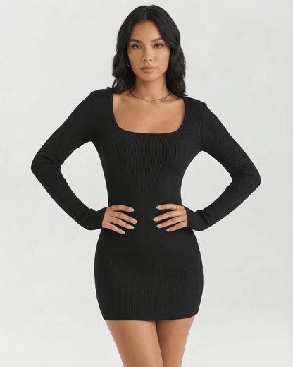 Celeste Mini Dress by Lauven - Ribbed long sleeve square neck black mini dress, perfect for day-to-evening styling.