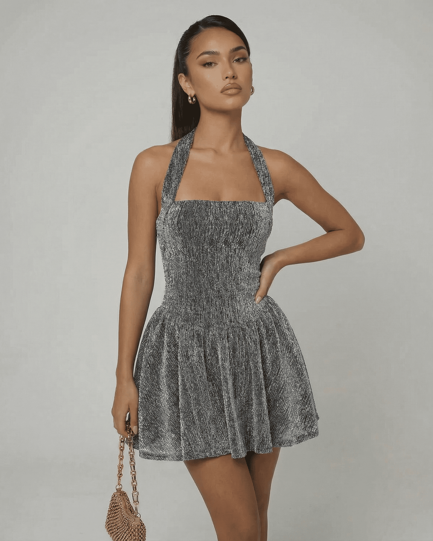 Celeste Mini Dress by SLIMONA - Sequin A-Line silhouette with high waist, perfect for evening events.