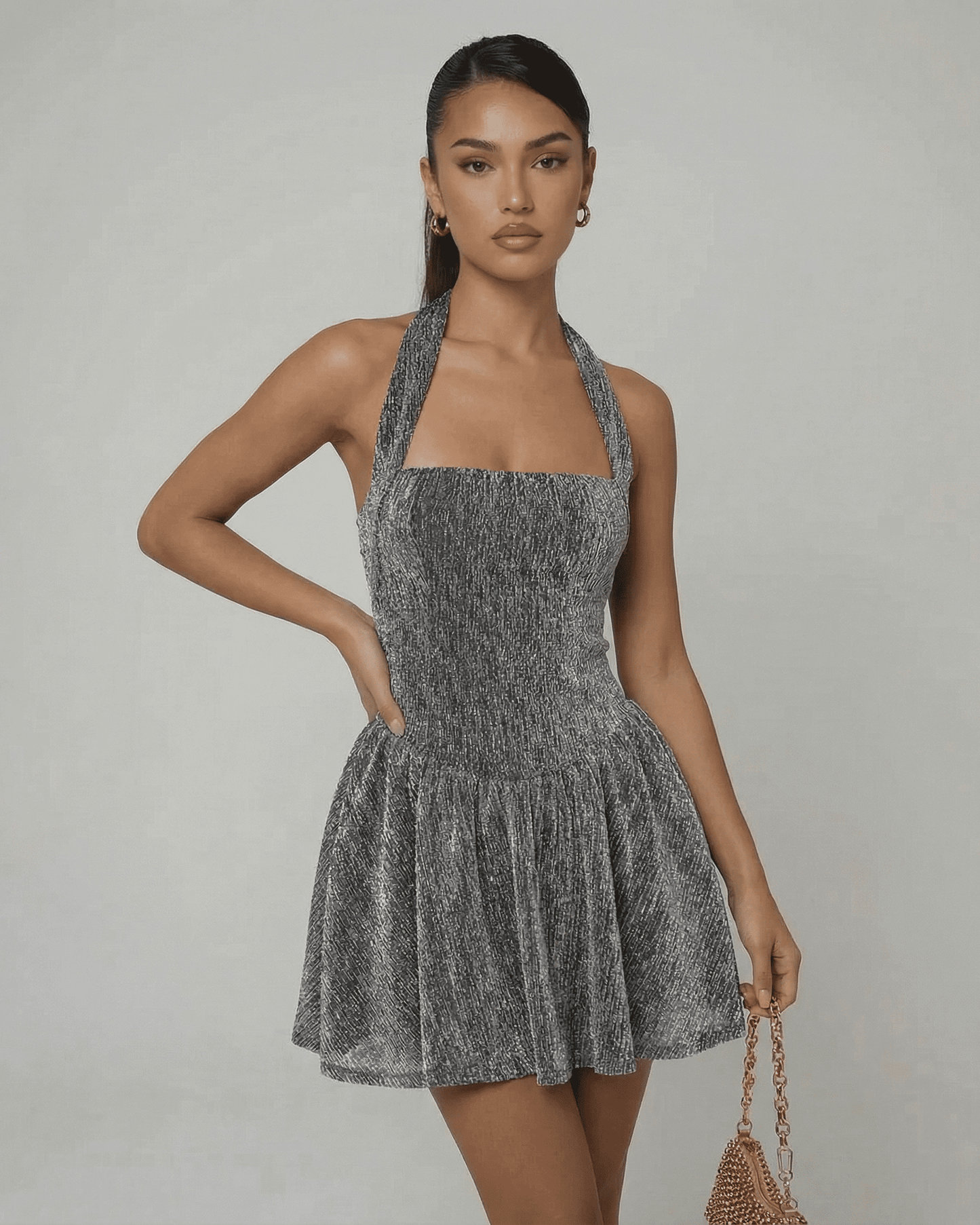 Celeste Mini Dress by SLIMONA in silver sequins, A-line silhouette, high waist, modern evening wear.