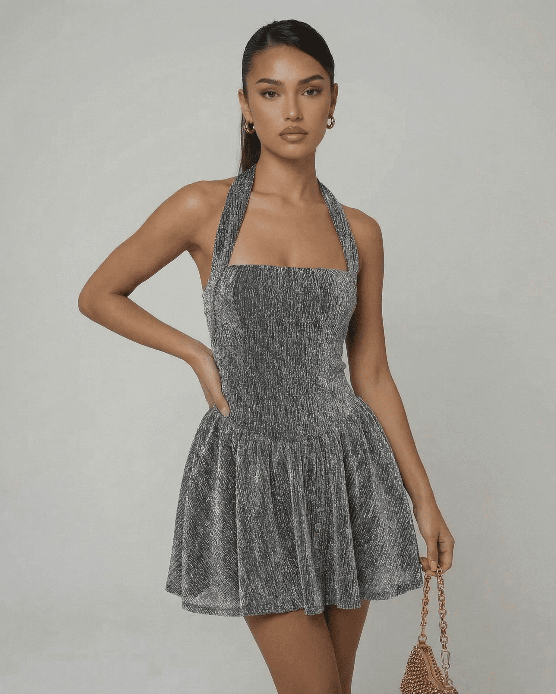 Celeste Mini Dress by SLIMONA in silver sequins, A-line silhouette, high waist, modern evening wear.