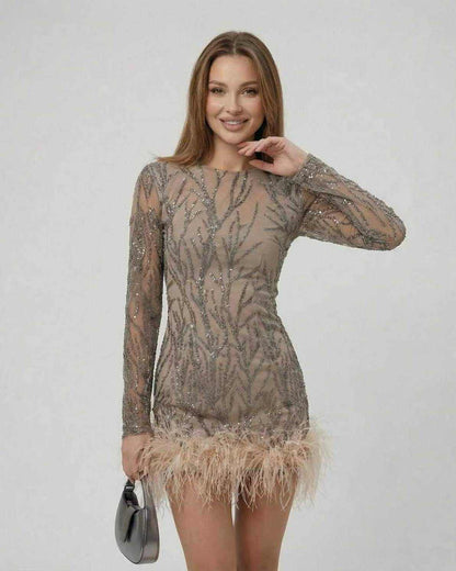 Celeste Mini Dress by Lauven, featuring sequin embellishments and feather trim in taupe color.