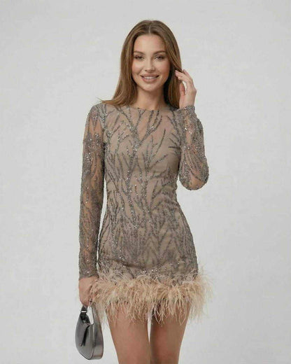 Lauven Celeste Mini Dress with sequin embellishments and feather trim in taupe, showcasing luxury fashion.
