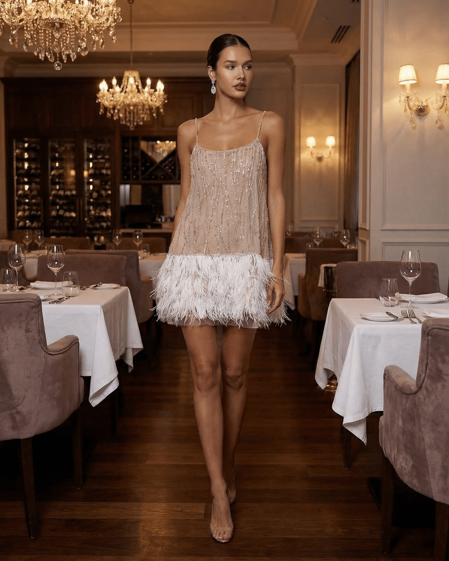 Celeste Mini Dress by SLIMONA, sequin tulle fairycore mini dress with feather tassel hem, perfect for elegant evenings.