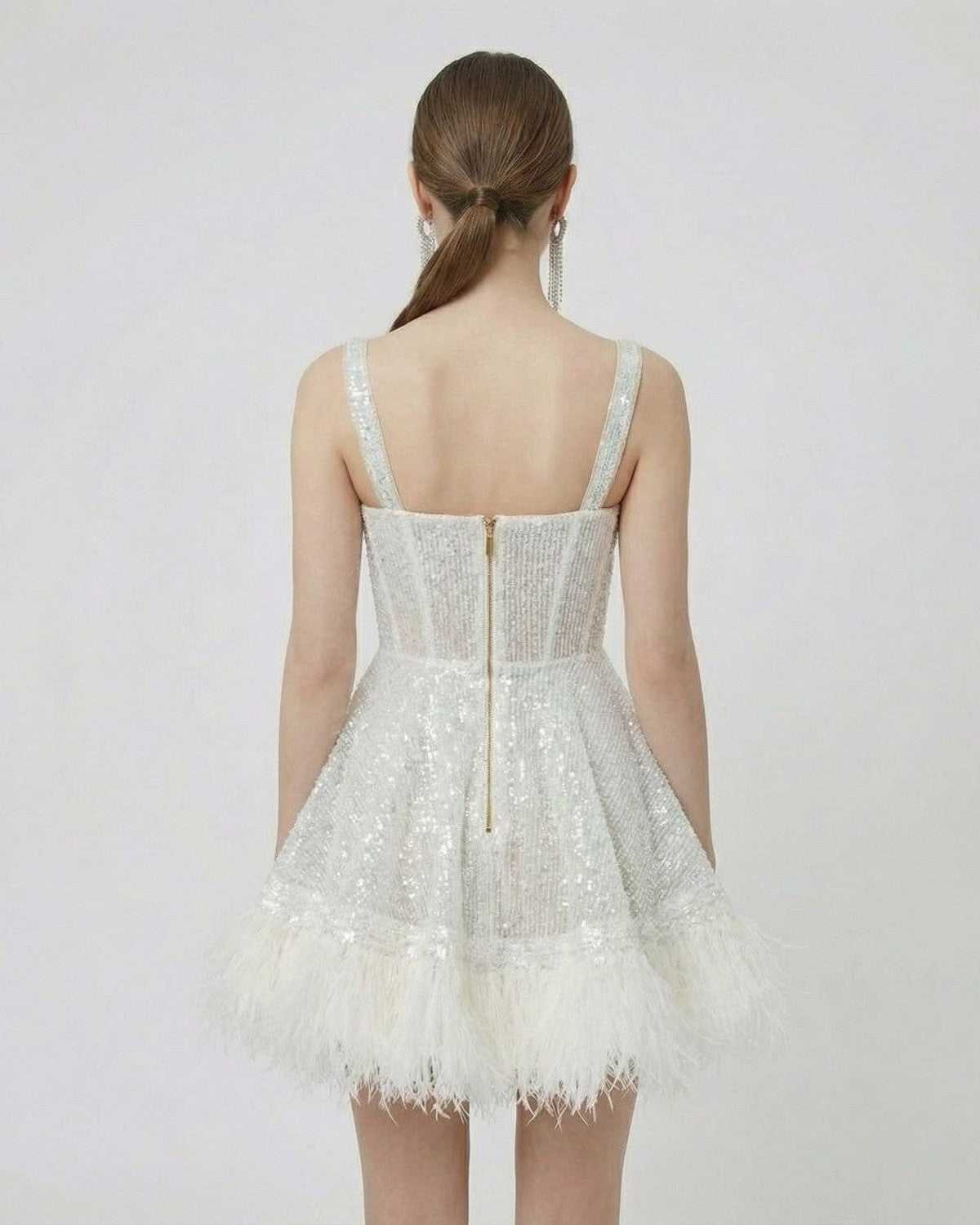 Celeste Mini Dress by SLIMONA - Back view of silver sequin mini dress with faux fur hem and spaghetti straps.