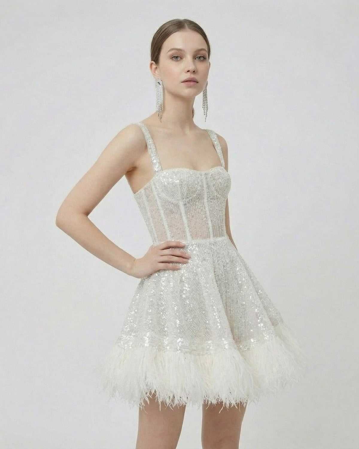 Celeste Mini Dress by SLIMONA - Silver Sequin A-Line Mini Dress with Faux Fur Hem, perfect for special occasions.