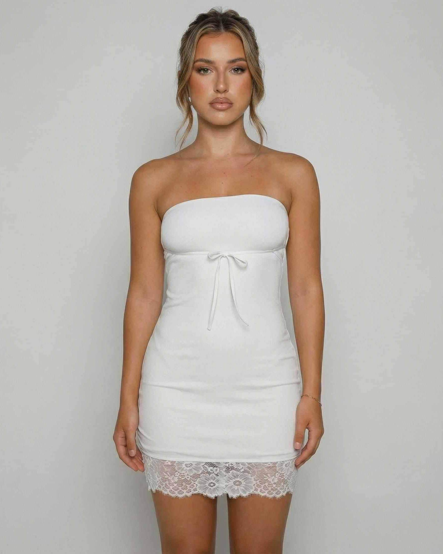 Celeste Mini Dress by Lauven, featuring a strapless design and lace hem detail.