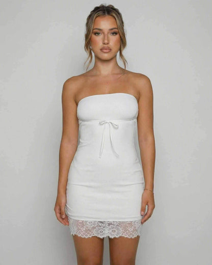Celeste Mini Dress by Lauven, featuring a strapless design and lace hem detail.
