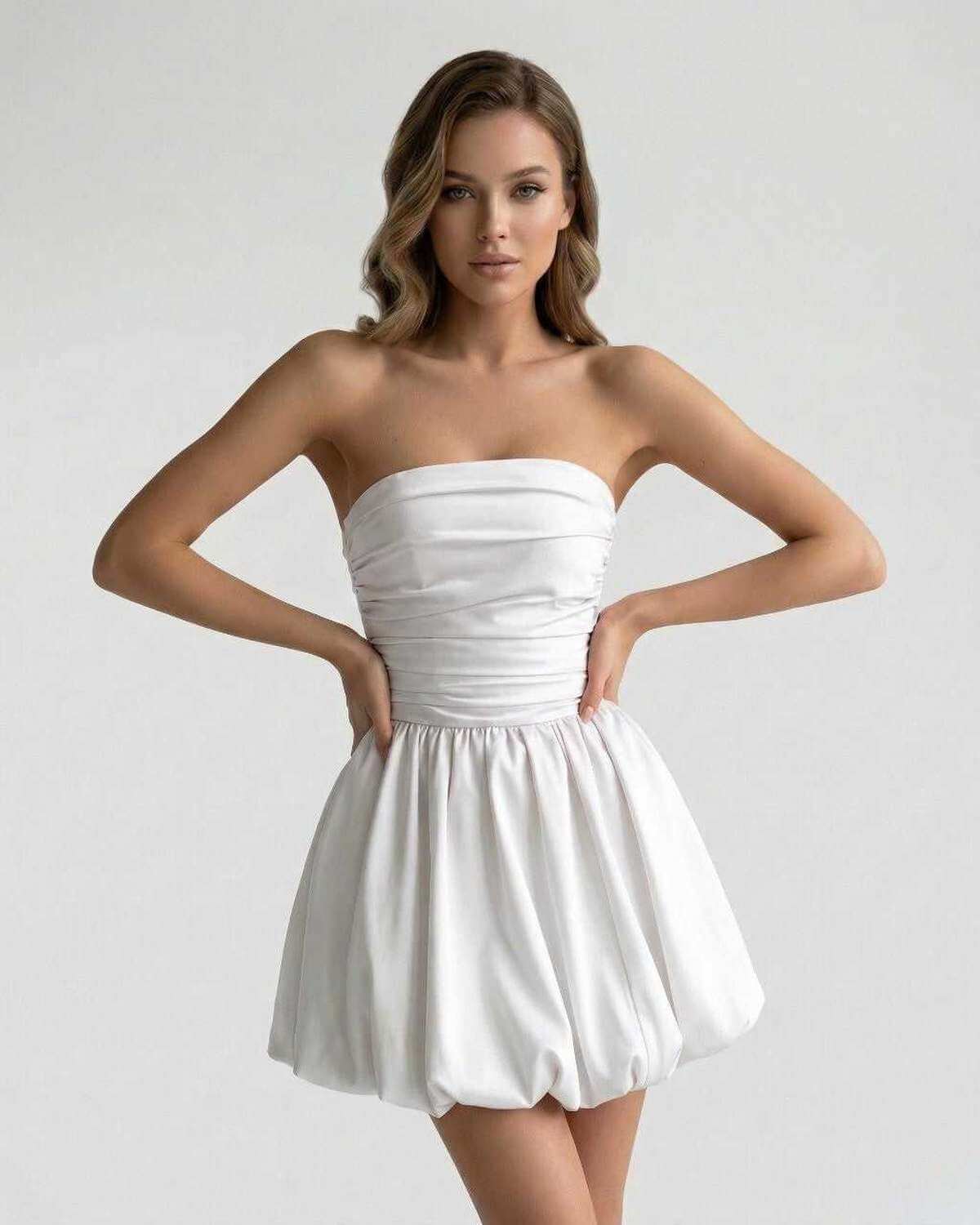 Celeste Mini Dress by Lauven – Elegant strapless white satin A-line mini dress with ruched bodice