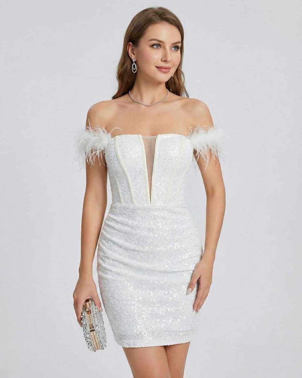 Celeste Mini Dress by Lauven featuring off-shoulder neckline and feathered details, designed in shimmering white fabric.