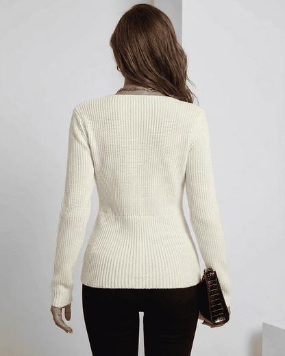 Back view of the Celeste Pullover by SLIMONA, a ribbed slim fit v-neck sweater in ivory.