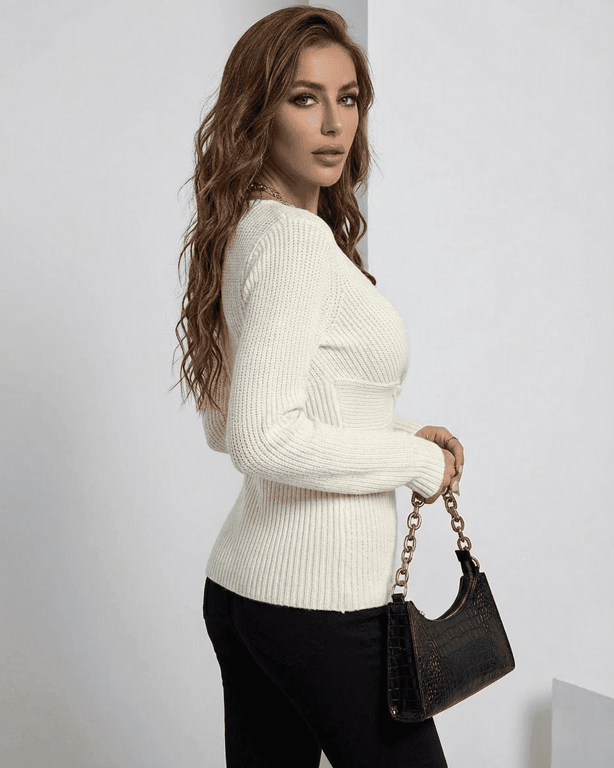 Celeste Pullover by SLIMONA - Ribbed Slim Fit V-Neck Sweater in Ivory, perfect for layering.