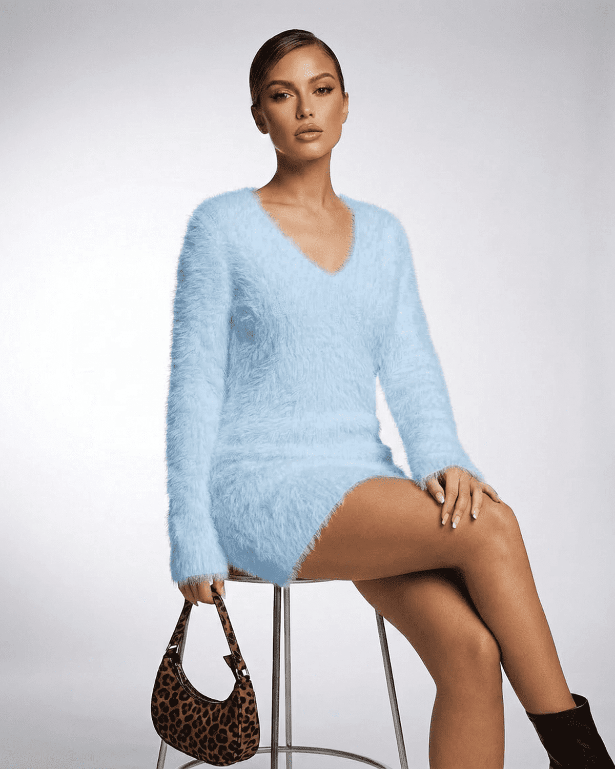 Celeste Sweater by SLIMONA - Stylish V-Neck Fuzzy Plush Knit in Light Blue, perfect for cozy fall looks.