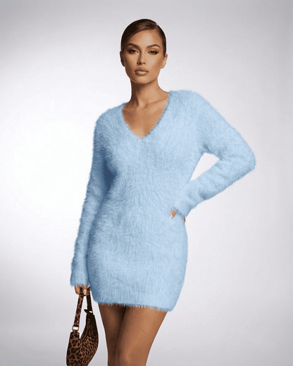 Celeste Sweater by SLIMONA in blue, featuring a V-neck and fuzzy plush knit for cozy elegance.
