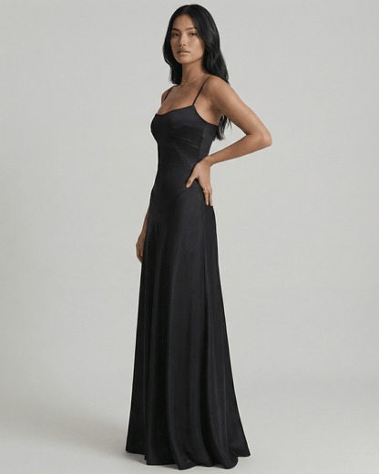 Celestia Maxi Dress by Lauven in black satin with a lace-up back and elegant evening silhouette.