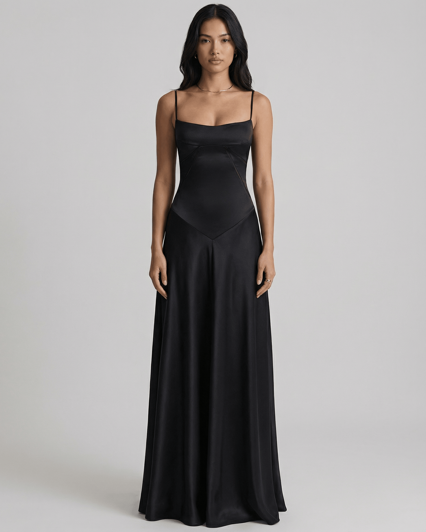 Celestia Maxi Dress by Lauven, a black satin lace-up back evening dress with a sleek silhouette.