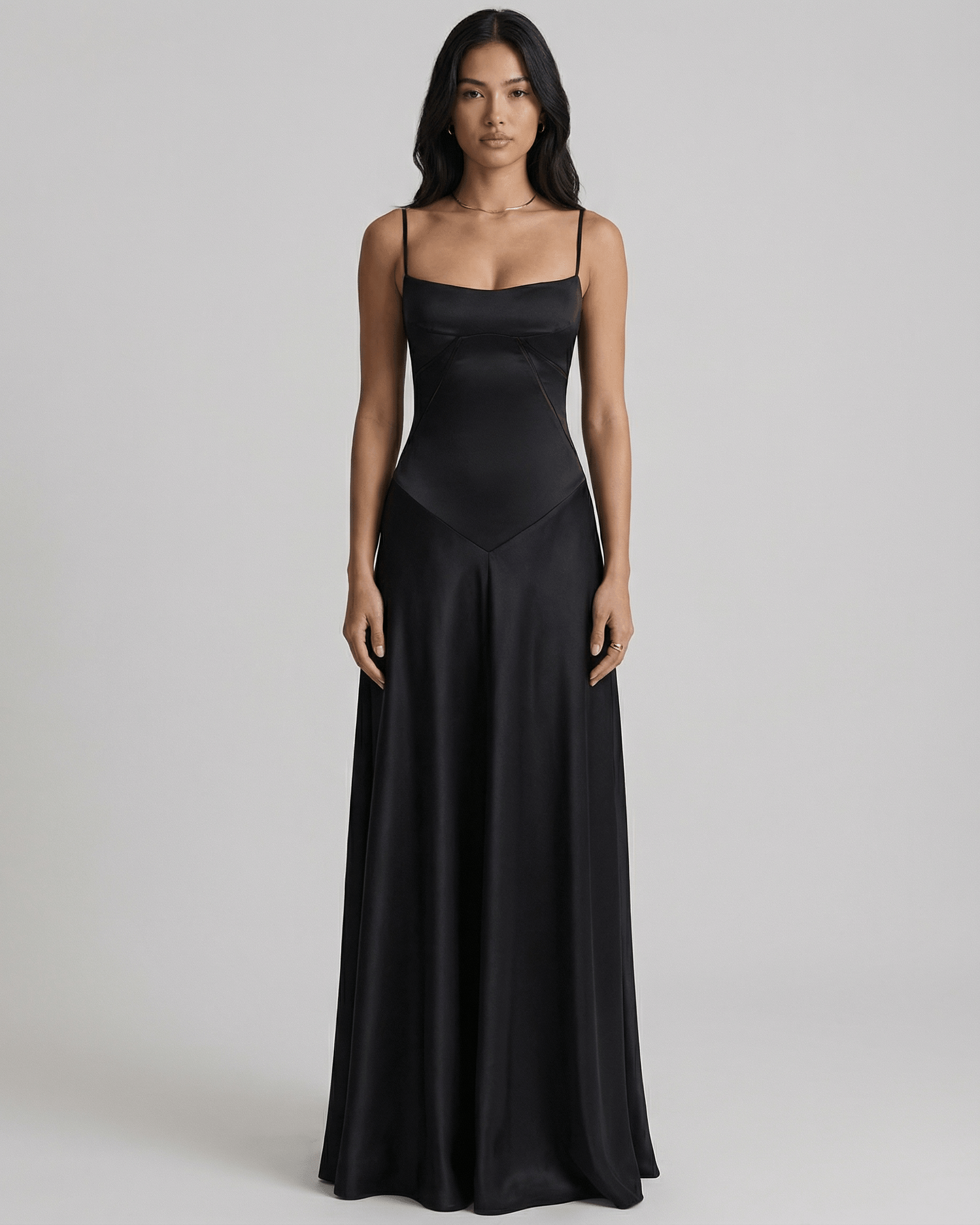 Celestia Maxi Dress by Lauven, a black satin lace-up back evening dress with a sleek silhouette.
