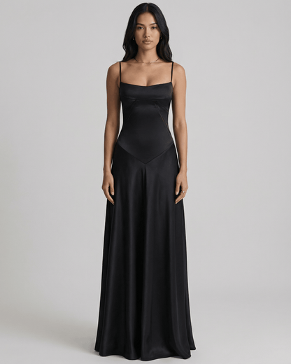 Celestia Maxi Dress by Lauven, a black satin lace-up back evening dress with a sleek silhouette.