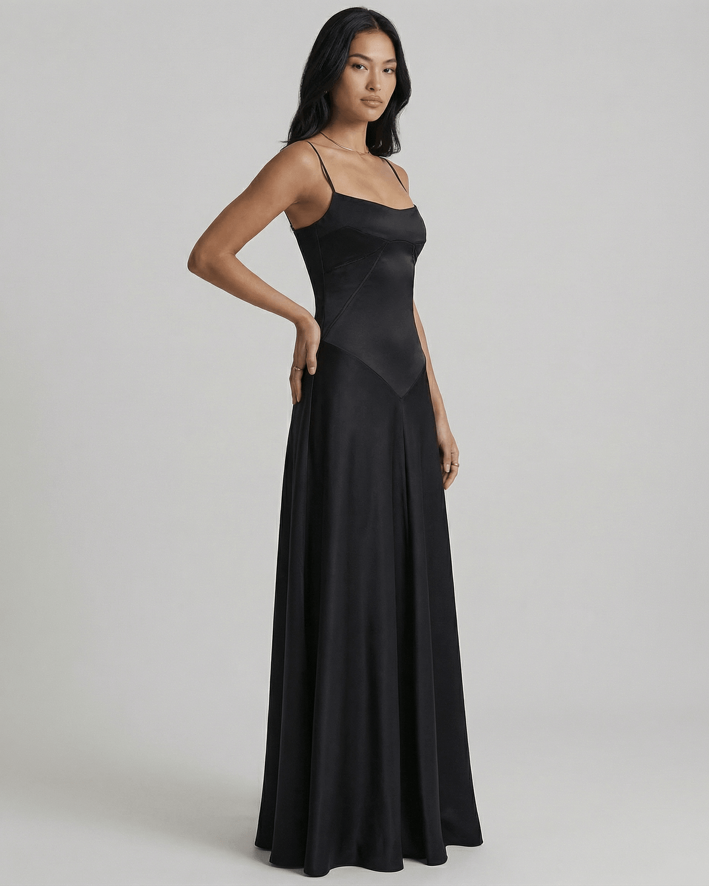 Celestia Maxi Dress by Lauven, featuring a black satin finish and elegant evening silhouette.