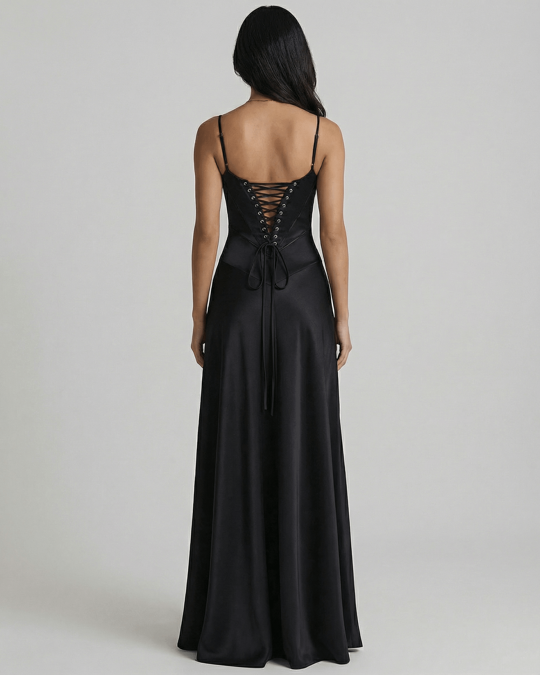 Celestia Maxi Dress by Lauven showcasing a black satin lace-up back design and elegant full-length silhouette.