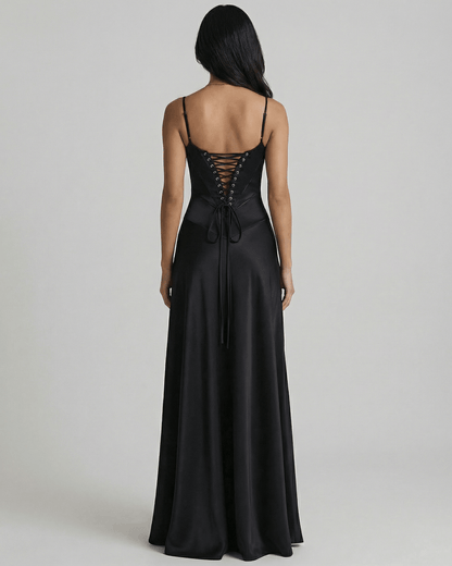Celestia Maxi Dress by Lauven showcasing a black satin lace-up back design and elegant full-length silhouette.