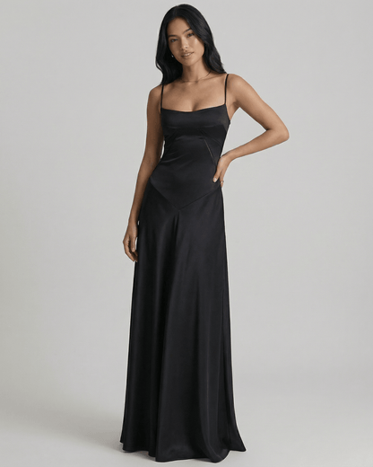 Celestia Maxi Dress by Lauven in black satin with lace-up back and a sleek evening silhouette.