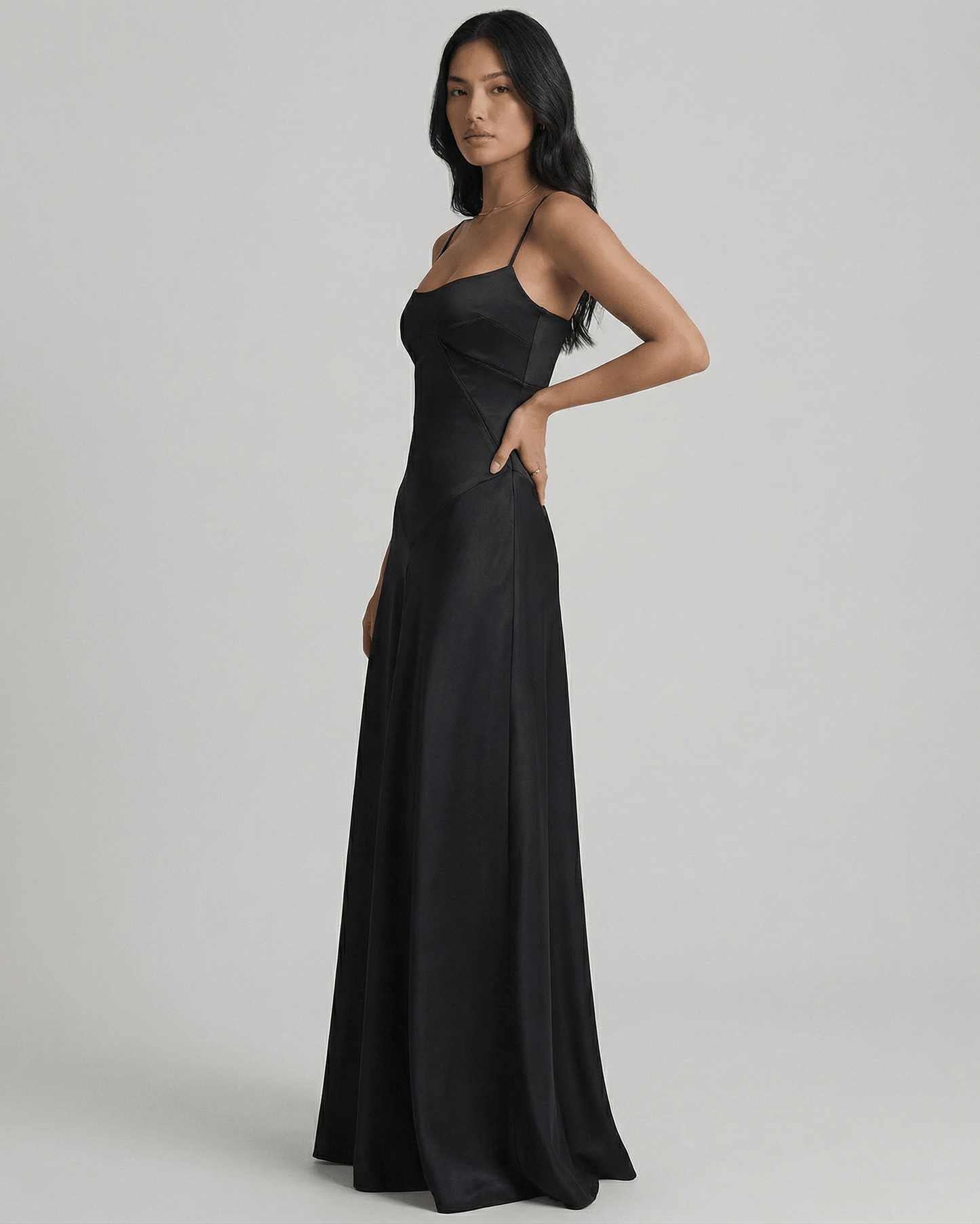 Celestia Maxi Dress by Lauven - Elegant black satin evening dress with lace-up back and flowing silhouette.