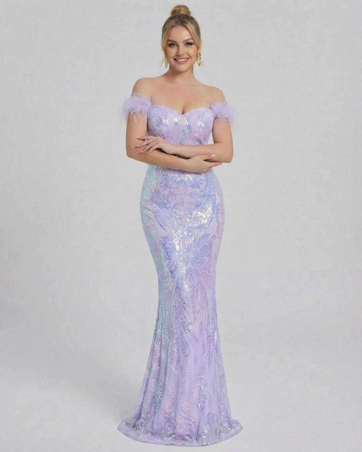 Celestia Maxi Dress by Lauven - Off-Shoulder Sequin Evening Maxi Dress in Lavender with a Floor-Length Silhouette.