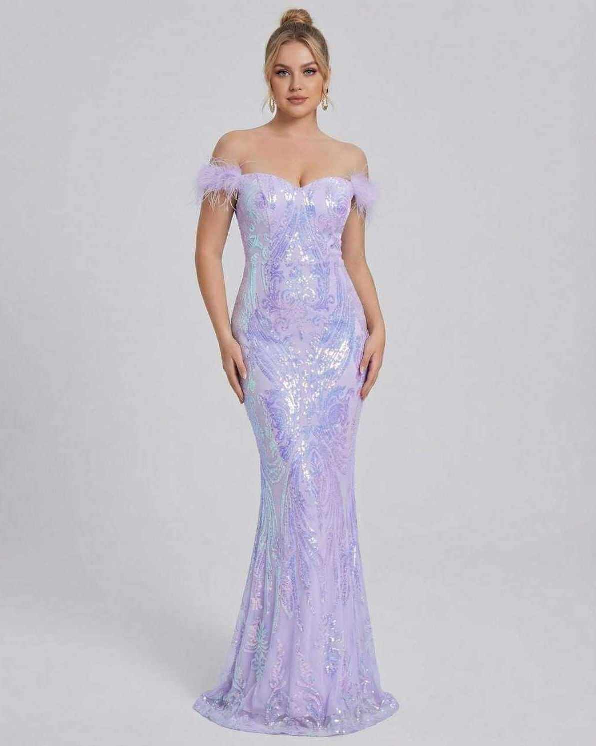 Celestia Maxi Dress by Lauven - Off-Shoulder Sequin Evening Maxi Dress in shimmering purple with elegant silhouette.