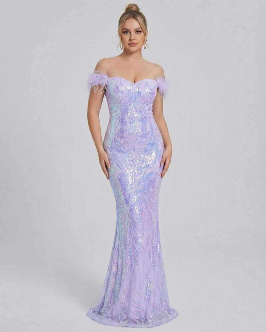 Celestia Maxi Dress by Lauven - Off-Shoulder Sequin Evening Maxi Dress in shimmering purple with elegant silhouette.