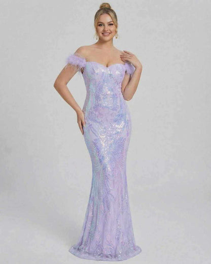 Celestia Maxi Dress by Lauven, elegant off-shoulder sequin evening gown in lavender, showcasing a sleek silhouette.