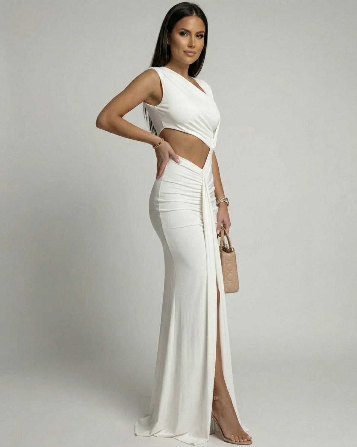 Celestine Maxi Dress by Lauven featuring an asymmetrical cutout design and sleek ankle-length silhouette.