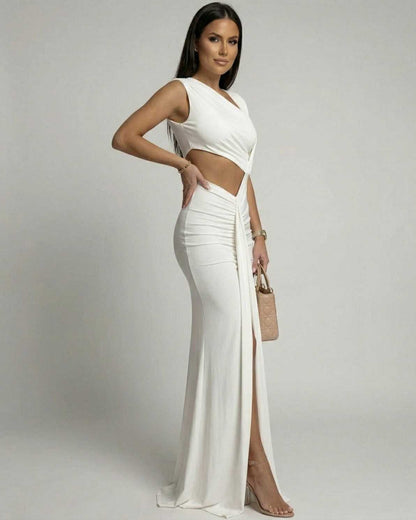 Celestine Maxi Dress by Lauven featuring an asymmetrical cutout design and sleek ankle-length silhouette.