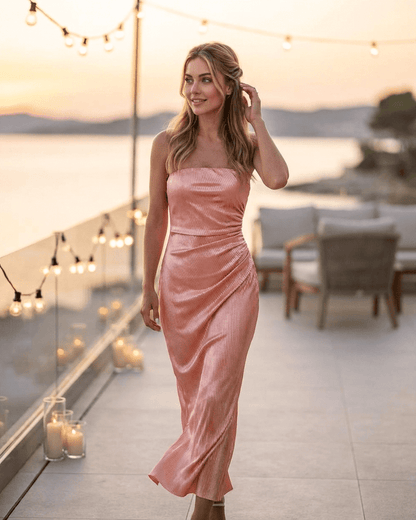 Champagne Maxi Dress by SLIMONA - Strapless tube silhouette with subtle ruched texture and satin-like sheen.