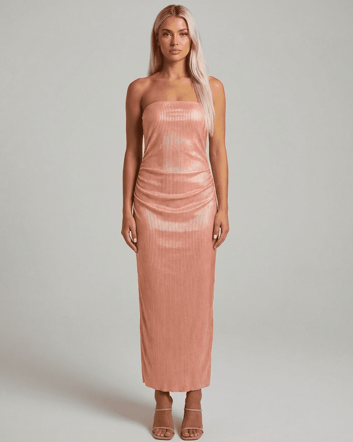Champagne Maxi Dress by SLIMONA, featuring a strapless tube silhouette with subtle ruched texture in a soft satin-like sheen.