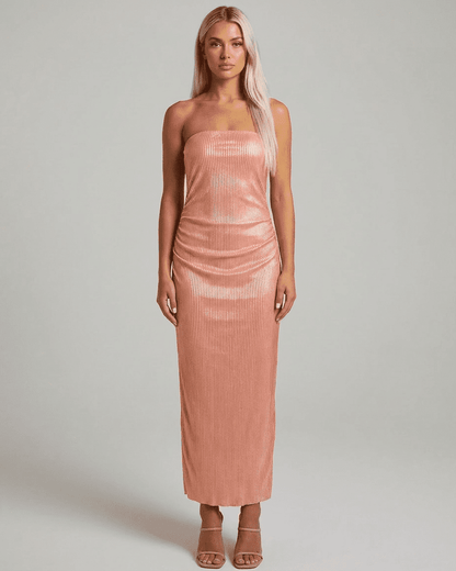 Champagne Maxi Dress by SLIMONA, featuring a strapless tube silhouette with subtle ruched texture in a soft satin-like sheen.