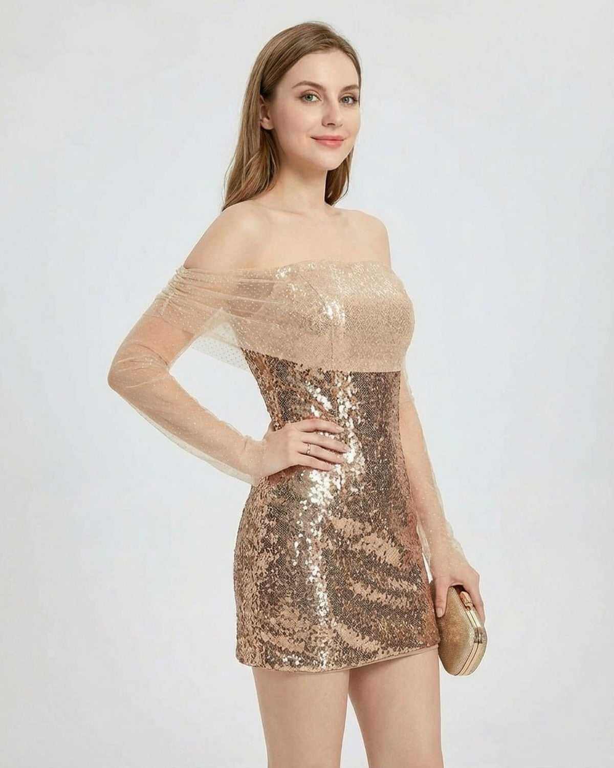 Champagne Mini Dress by SLIMONA, off-the-shoulder sequin mini dress with sheer long sleeves and elegant silhouette.