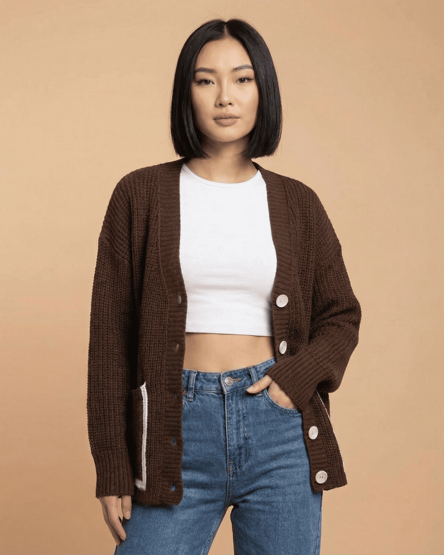 Cocoa Cardigan by SLIMONA, a cozy color block knit cardigan with a relaxed fit and buttons, perfect for everyday wear.