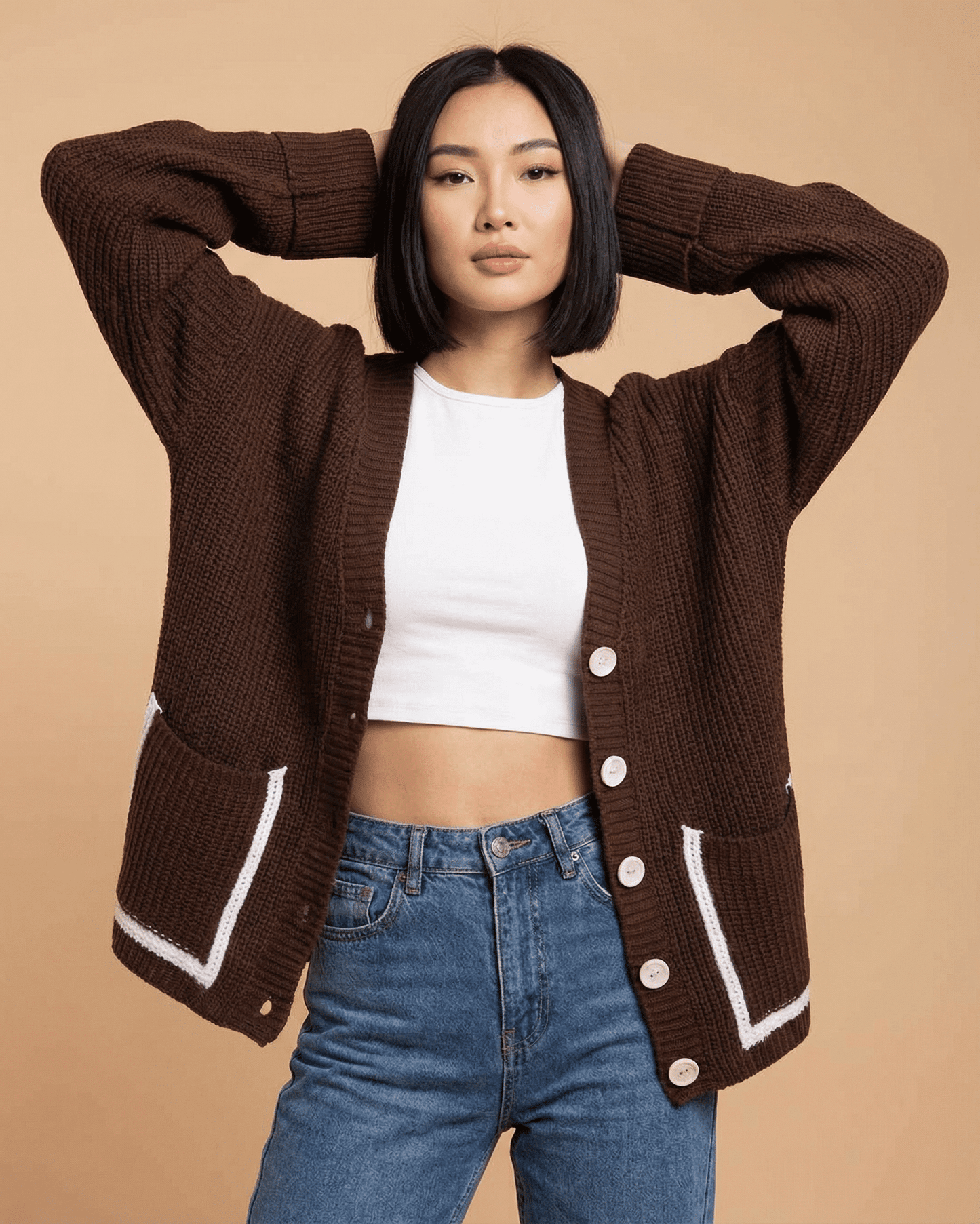 Cocoa Cardigan by SLIMONA, a stylish brown color block knit cardigan with pockets.