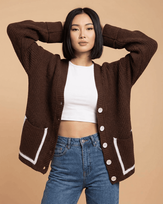 Cocoa Cardigan by SLIMONA, a stylish brown color block knit cardigan with pockets.