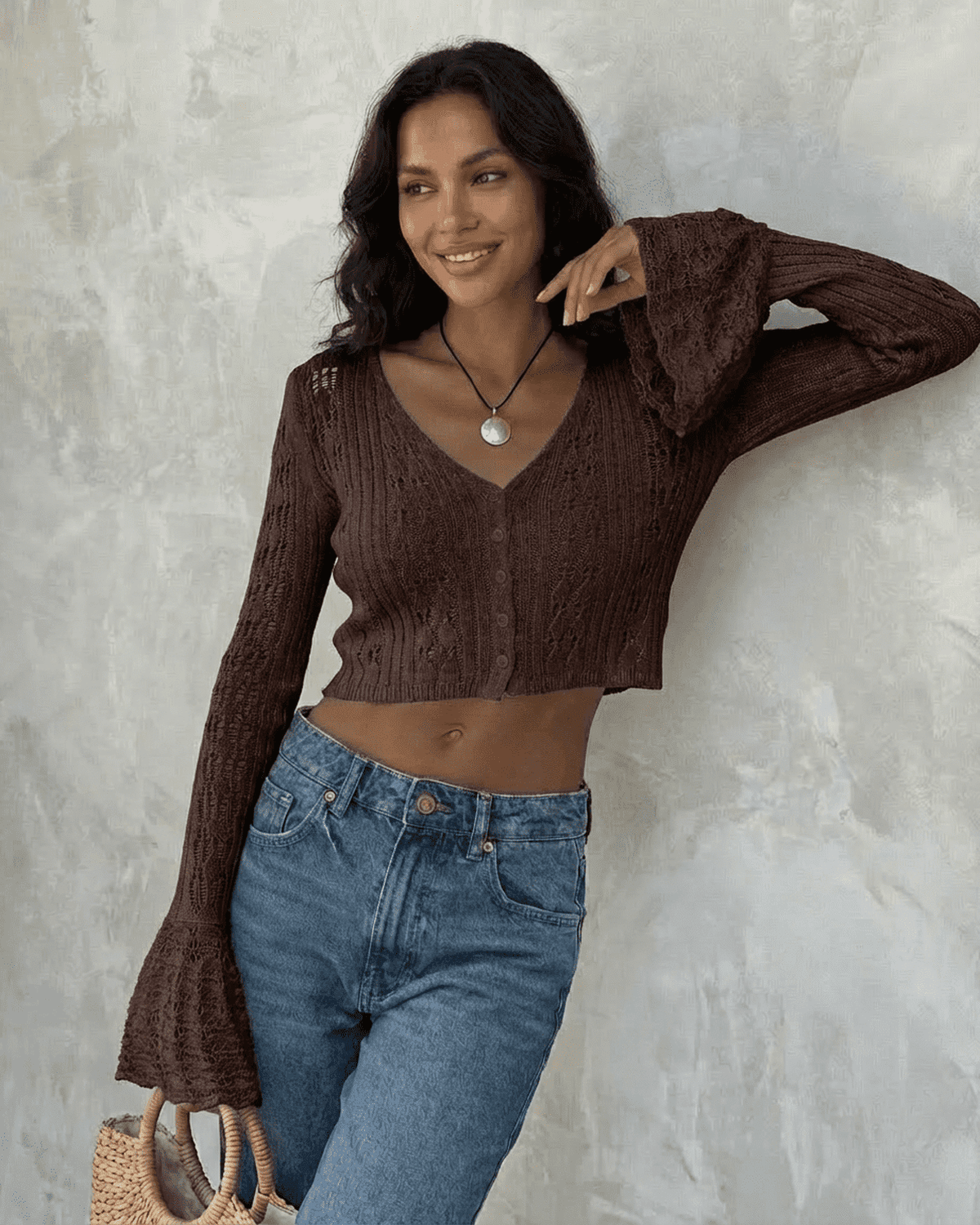 Cocoa Cardigan from SLIMONA in cropped cotton knit with flare sleeves, styled effortlessly with jeans.