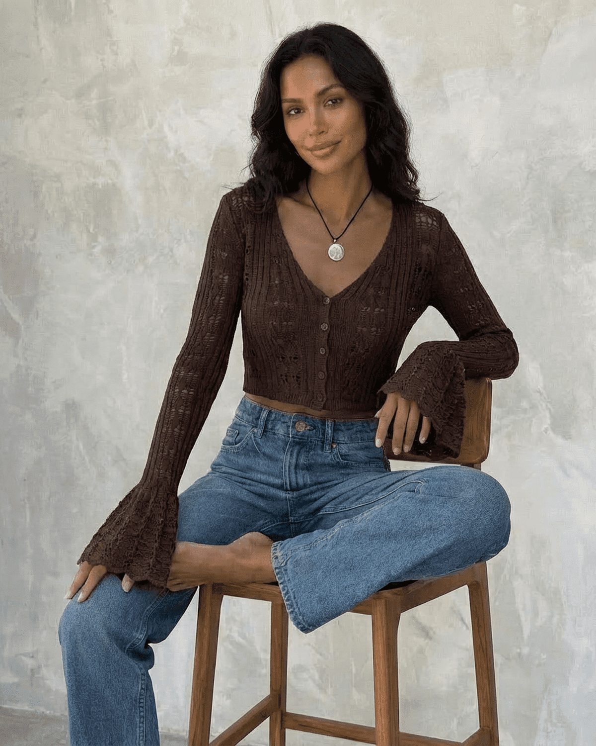 Cocoa Cardigan by SLIMONA - Cropped cotton knit with flare sleeves and V-neckline, perfect for stylish everyday wear.