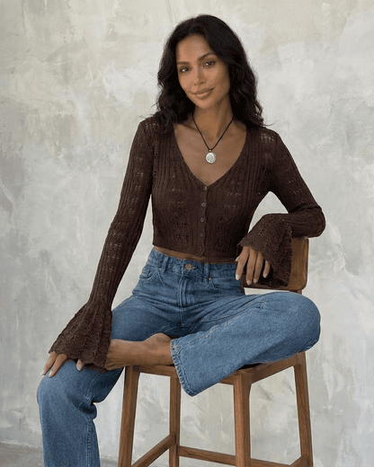 Cocoa Cardigan by SLIMONA - Cropped cotton knit with flare sleeves and V-neckline, perfect for stylish everyday wear.
